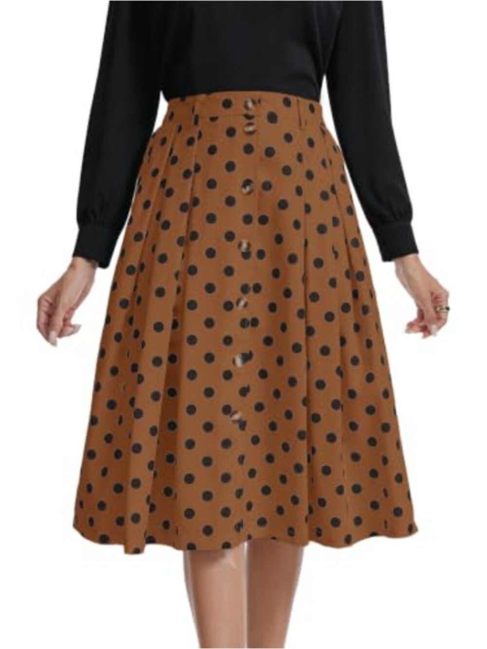 Womens Midi Skirt Elastic Waist Button Front A-Line Flared with Pockets